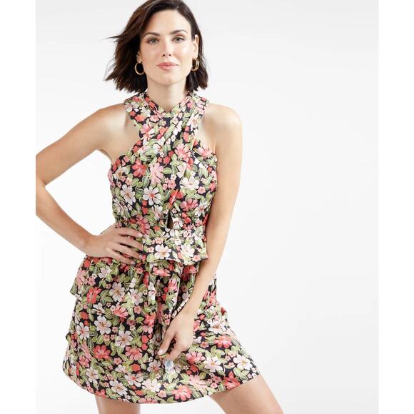NWT Outerknown Bailey Halter Mini Sundress Pitch Black Emerson Floral Women's 4 - Picture 1 of 16